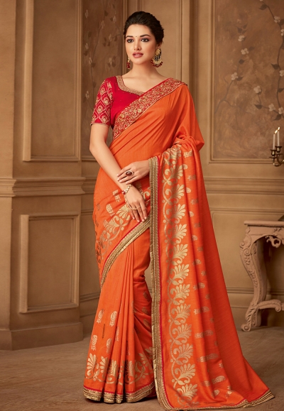 Orange silk embroidered saree with blouse  504